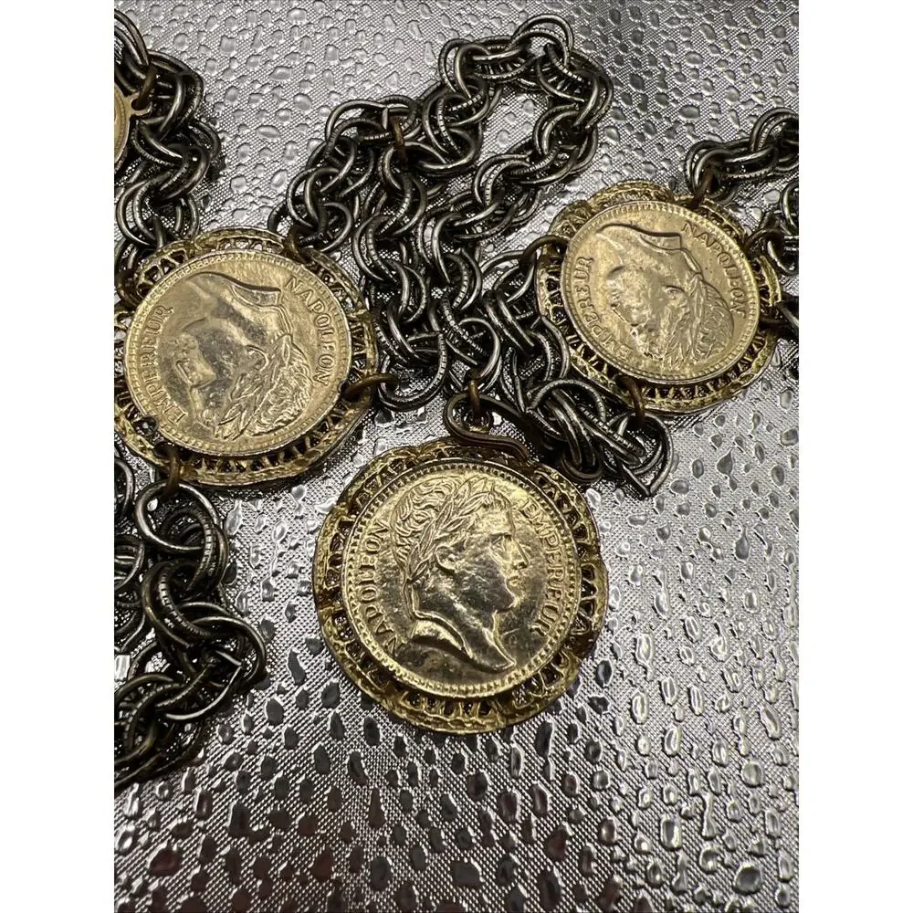 Vtg 1960s Napoleon III Coin Festoon Necklace Multi Strand Revival Runway Piece